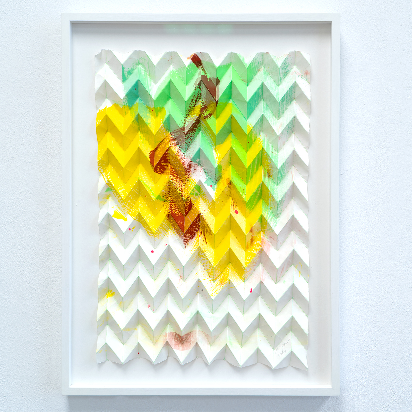 Michael Wegerer, Folded Gesture 3G Noll (yellow-green), 60x40 cm, Monotype, silkscreen, paper relief, folded, 2021