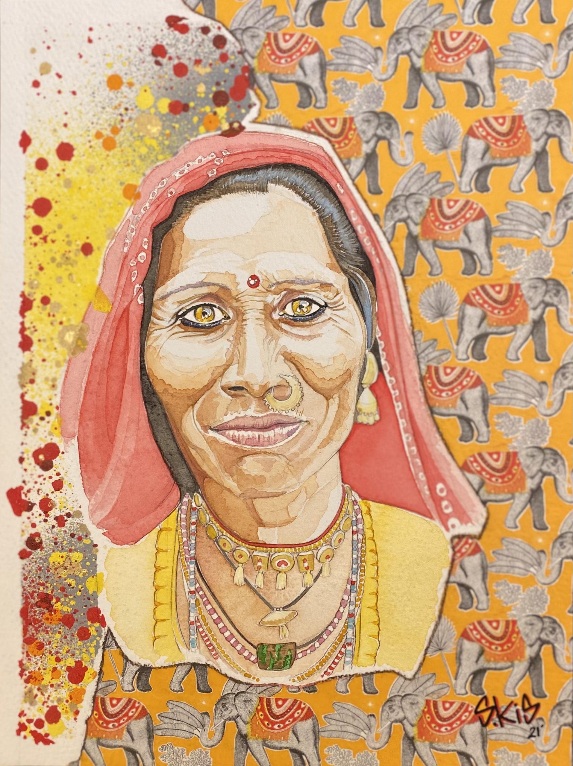 S-KIS, Rajasthani woman, 31x23,5 cm, Watercolour and Spraypaint on paper, 2021