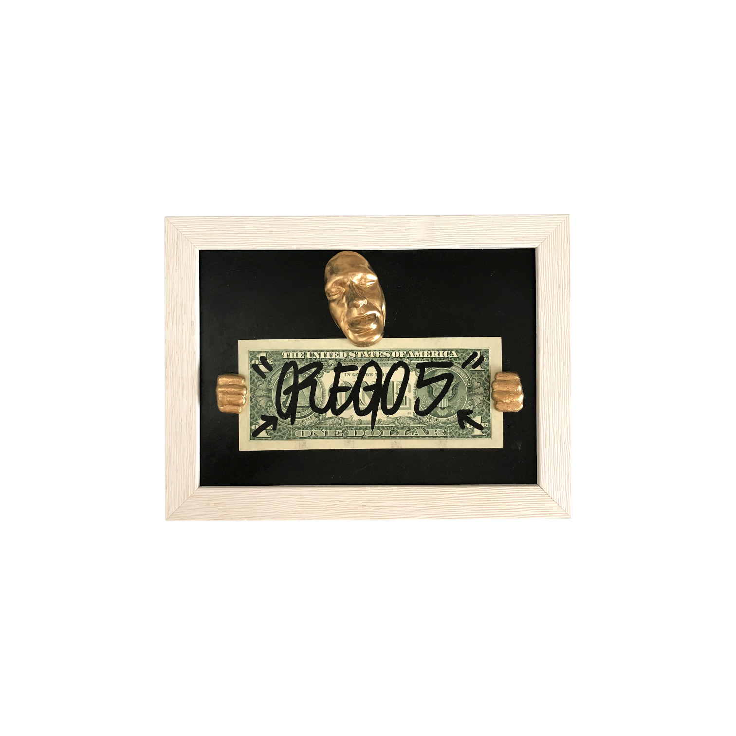 Gregos, See my dollar, 17x22 cm , Synthetic resin and acrylic, 1 dollar bill, on wood, 2021