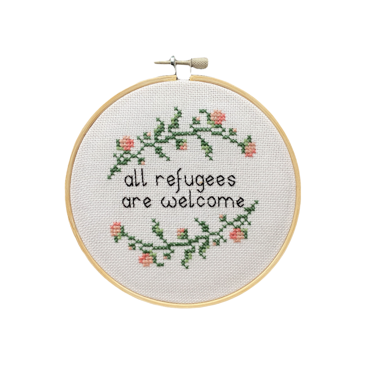 Barbara Guinevra, All refugees are welcome, Ø 13cm, Embroidery on fabric, framed, 2022