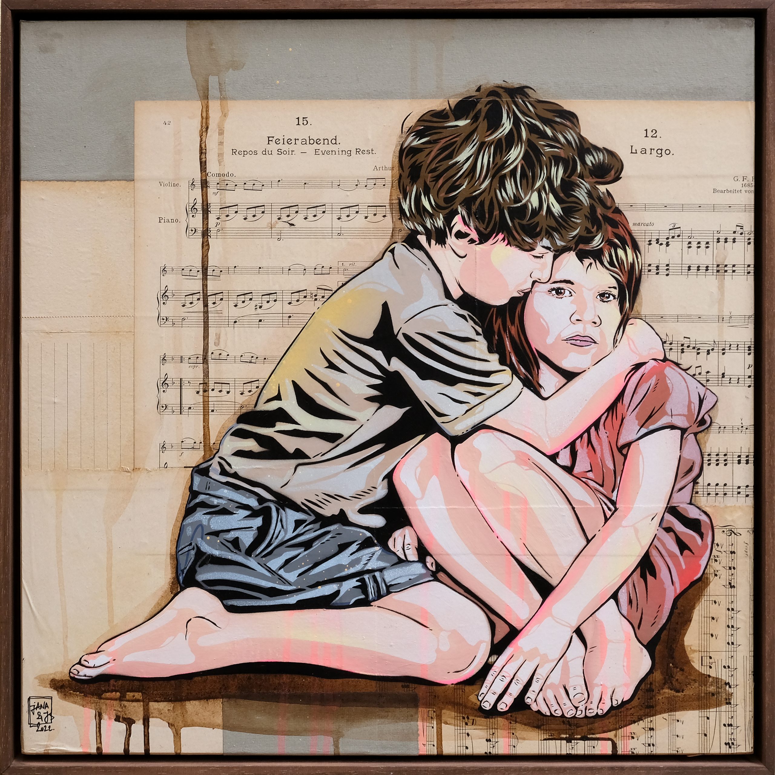 Jana & Js, Je suis là, 50x50 cm, Acrylic, Ink, Spaypaint and stencil on vintage paper, mounted on wooden panel, 2021