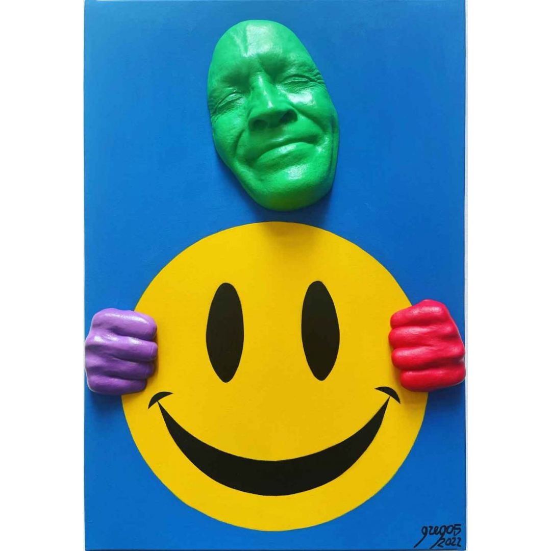 Gregos, Double smile, 55 x 38 cm, Resin, acrylic, and spray paint on canvas, 2022