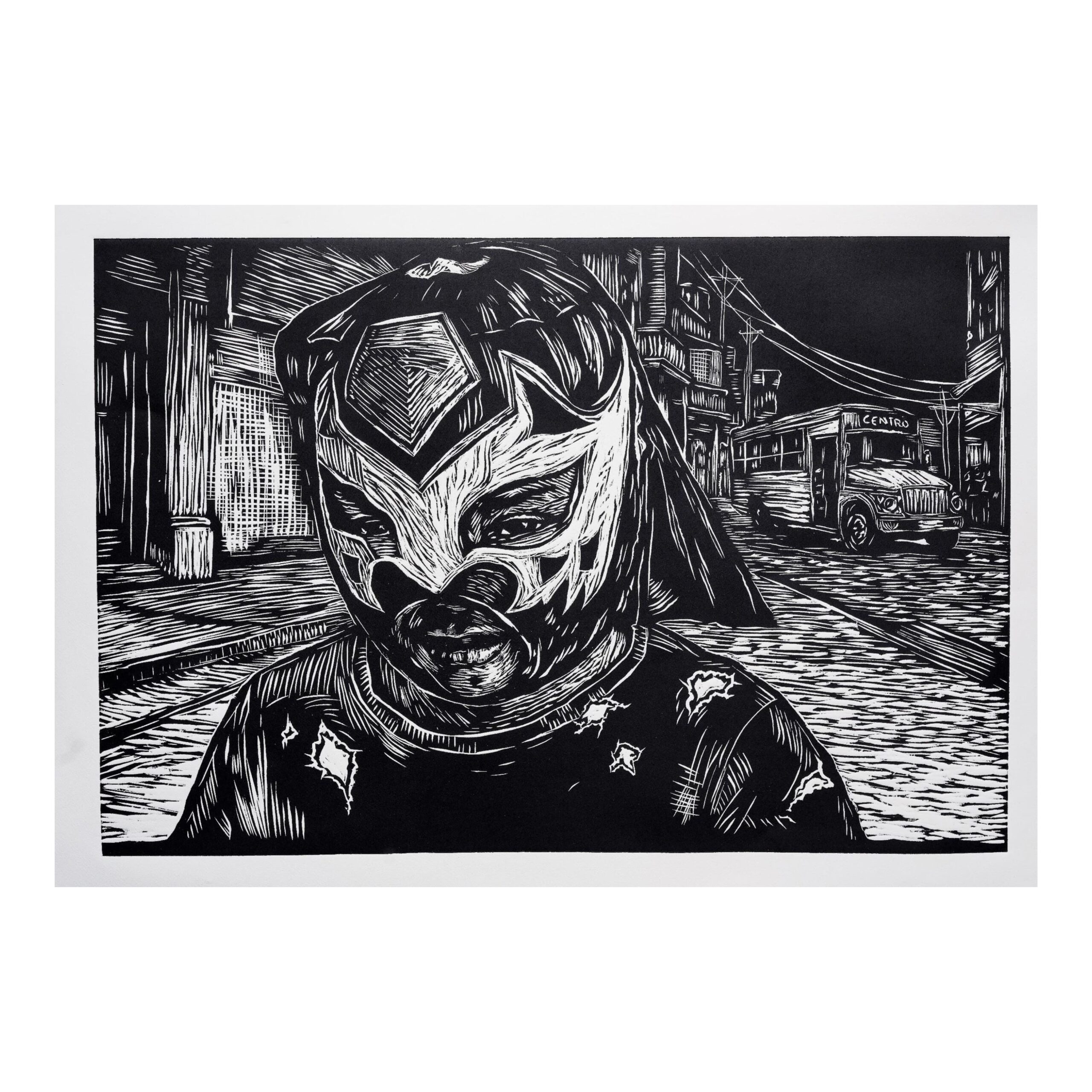 Darinka Moher, Enmascarado, 76x112 cm, Woodcut print on cotton paper, 2026