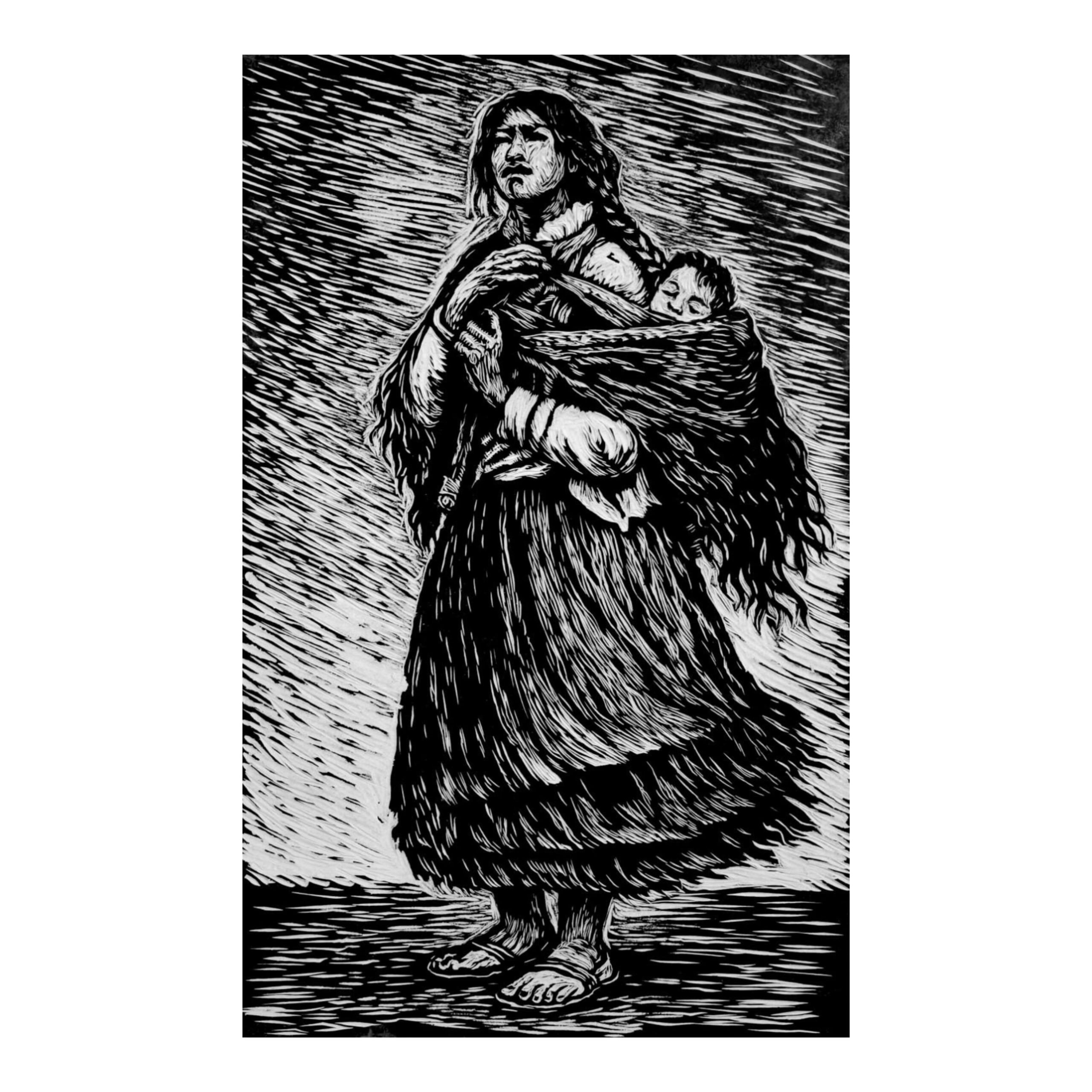Darinka Moher, Madre, 112x76 cm, Woodcut print on cotton paper, 2026